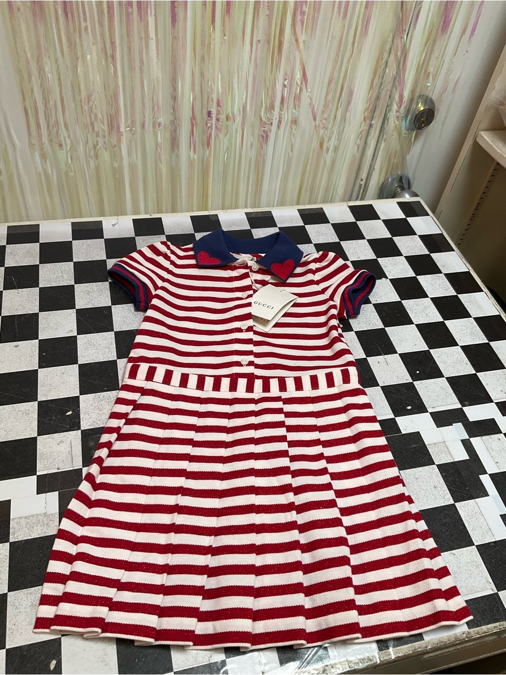 Gucci Red and White Striped Knit Dress with Navy Collar Hearts